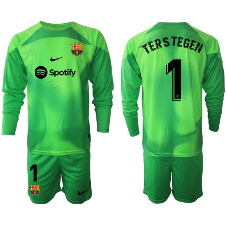 Fotbalový Komplet FC Barcelona Ter Stegen 1 Brankářské Dětské Domácí 2022-23 Dlouhý Rukáv (+ trenýrky)